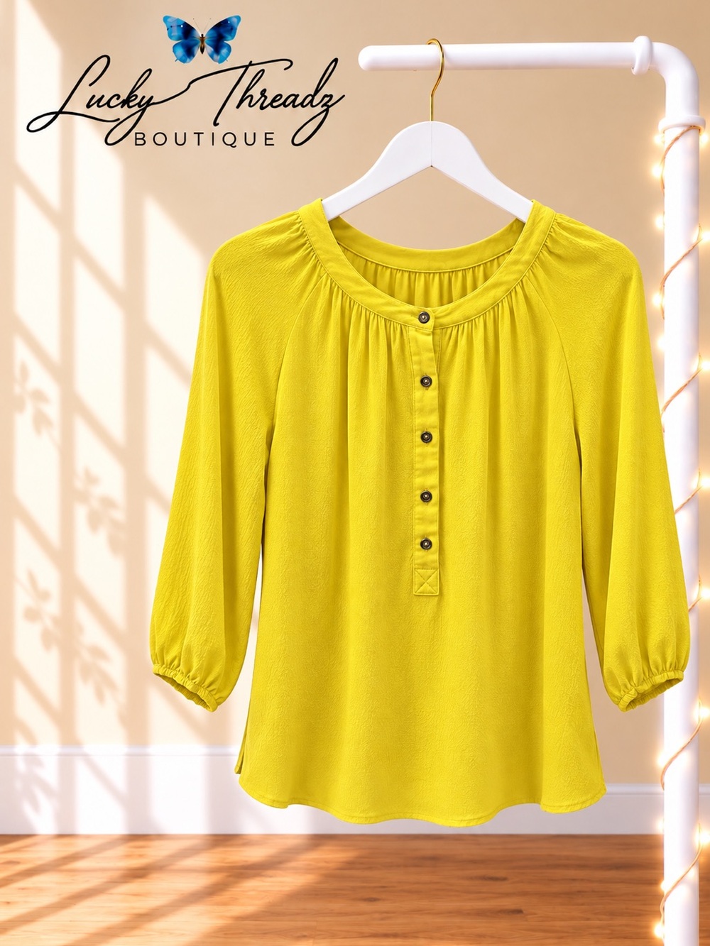 Banana Republic Yellow Viscose Henley Peasant Blouse 3/4 Sleeve Small